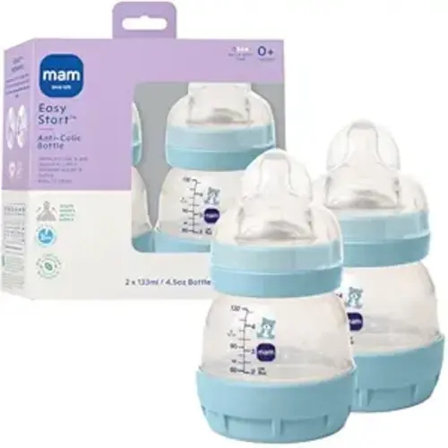 MAM 4.5oz Easy Start Anti-Colic Wide Neck Vented Baby Bottle, Extra Slow Flow Breastfeeding-Like Silicone Nipple, Reduces Colic, Gas & Reflux, Easy to Clean, BPA Free, 0+ Months, Made in Europe