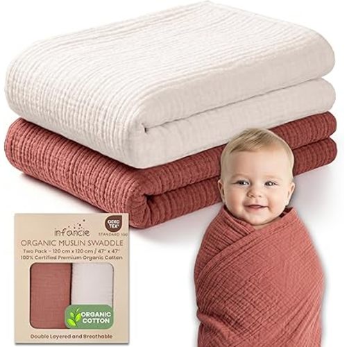 infancie 100% Organic Cotton Muslin Baby Blanket - 47 x 47 Inch Breathable Swaddle Blankets, Hypoallergenic Double-Layer, Soft and Cozy Newborn Baby Blanket for Sleeping and Everyday Use (Rust/Ivory)