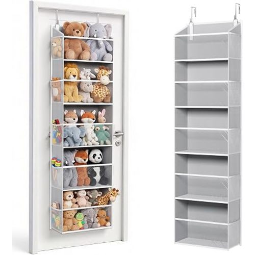 ULG Stuffed Animal Organizer Over the Door, Large Hanging Plush Toy Storage with Mesh Window, Cotton Kids Toy Organizer for Bedroom, Nursery, Playroom & Baby Items Clear Grey