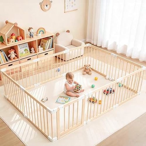 Baby Playpen, Foldable Wooden Play Yard with Gate