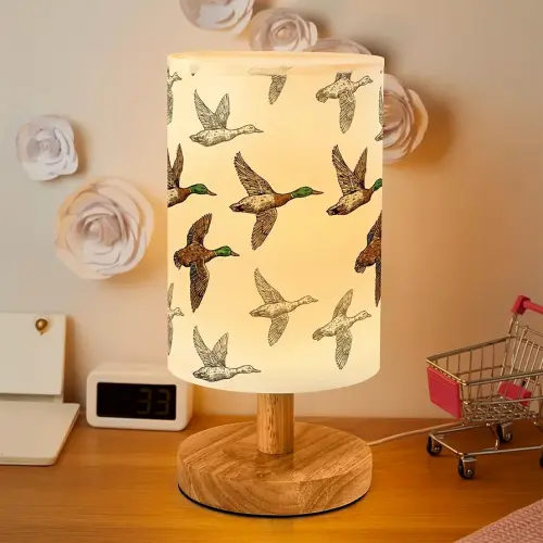 Flying Mallard Duck Bedside Table Lamp for Bedroom with USB Port, Funny Cozy Kids Nightstand Lamp with Wood Base Polyester Fabric Shade for Living Room Dorm Desk (Brown)