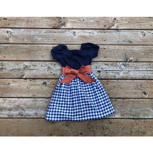 Girls Rustic Gingham Dress Navy Orange Plaid 3 6 12 18 24 2t 3t 4t 5 6 7 8 9 10 Autumn Matching Sister Dresses Mothers Day Boho