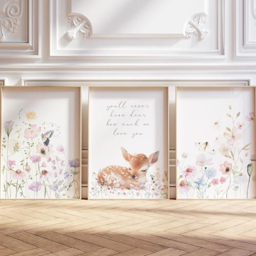 Woodland Deer Nursery Print Set: Boho Baby Girl Decor (Set of 3) (Digital Download)