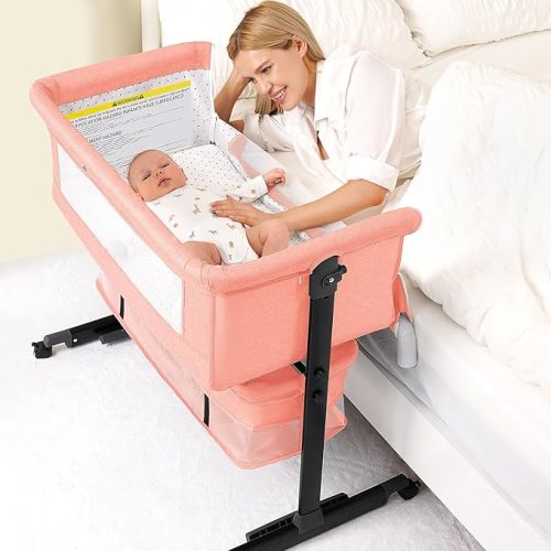 3 in 1 Bassinet Bedside Sleeper, Baby Bassinets Bedside Sleeper with Wheels, Breathable Mesh, Adjustable Height, Storage Basket, Easy Assemble & Folding (Pink)