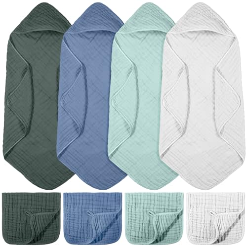 VitalCozy 8 Pcs Baby Muslin Hooded Bath Towels and Washcloths Muslin Cotton Hooded Baby Towels Absorbent Blankets for Gift Newborn Infant Shower (32 x 32 Inch,Mist Colors)