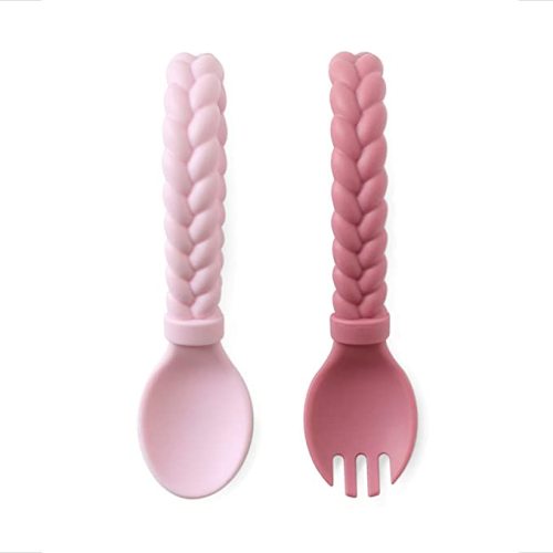 Itzy Ritzy Silicone Spoon & Fork Set; Baby Utensils Featuring a Baby Fork and Spoon with Looped, Braided Handles - Made of 100% Food Grade Silicone & BPA-Free - Ages 6 Months and Up (Pink)