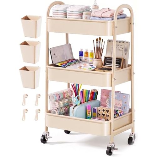 Beige 3 Tier Rolling Cart Metal on Wheels, Three Tiered Storage Organizer Utility Trolley with Wheels for Art, Craft, Baby Diaper Caddy, Snack, Book, Nail, Lash, Cleaning Supplies, Kitchen, Bathroom