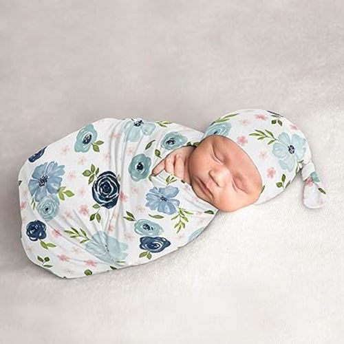 Sweet Jojo Designs Watercolor Floral Baby Girl Cocoon and Beanie Hat 2pc Set Jersey Stretch Knit Sleeping Bag for Infant Newborn Nursery Sleep Wrap Sack - Navy Blue Pink Boho Shabby Chic Rose Flower