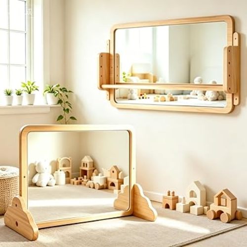 3-in-1 Montessori Baby Mirror with Bar, Tummy Time Mirror with Adjustable Pull-Up Bar & Shelf, Nursery Mirrors Montessori Learning Toy with Shatterproof Acrylic/ Natural Wood for Sensory Room Daycare
