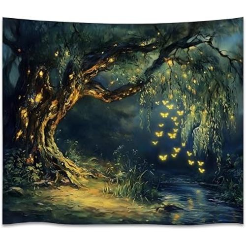 xyeey Mystery Enchanted Forest Art Tapestry Fantasy Weeping Willow Fairy Print Tapestries Moody Country Nature Aesthetic Wall Hanging for Living Room Bedroom Gallery Gothic Wall Decor white60x80inch