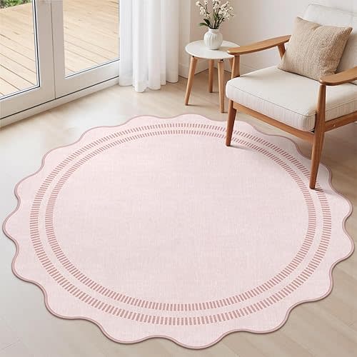 LORWER Washable 5ft Area Rugs for Living Room, Solid Pink Non Slip Rugs for Bedroom Girls, Stain Resistant Scalloped Soft Carpet for Nursery Dorm Dining Room