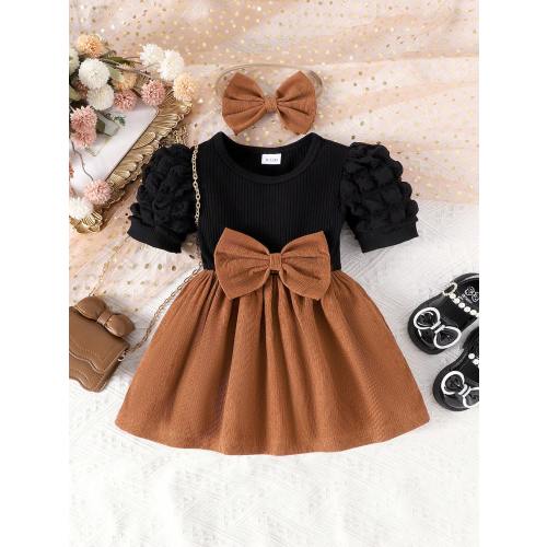 2pcs Baby Girl Bow Decor Ribbed Knit Patchwork Ruffle Hem Drop Waist Short Sleeve Dress With Hairband