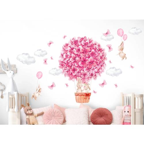 Bunny in Flower Balloon Wall Decal - Floral Surrounding, Watercolor Style - Girls' Room Decor - BR320