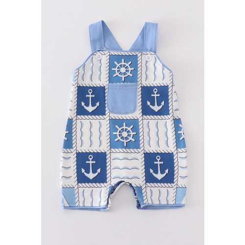 Abby & Evie Boy's Boutique Blue Sailboat Checkered Pocket Jon Jon Romper Sibling Matching Summer Cruise Trip