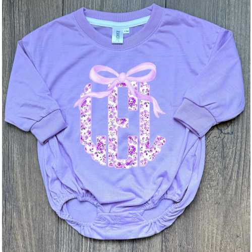 Baby Girl Bow Floral Monogram Long Sleeve, Personalized, Purple, Bubble Romper