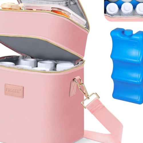 PIIOSER Breastmilk Cooler Bag with Ice Pack Fits 6 Baby Bottles Up to 9 Ounce, Insulated Baby Bottle Tote Bags, Double Layer Waterproof Leak-Proof with Shoulder Strap for Nursing & Working Mom (Pink)
