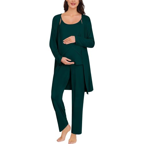 SWOMOG Maternity Pajamas Set 3 PCS Nusing Pajamas Labor and Delivery Gown & Camisole & Pants Postpartum Pjs Emeral Green X-Large