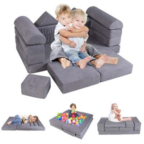 Costway Kids Modular Play Couch Play Set with Suede Fabric Cover High-Density Foam Gray