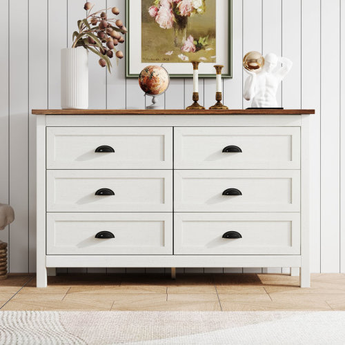 Ebern Designs Sinta 6 Drawer Dresser, Wood Double Dresser with Black Handles for Bedroom, Living Room, Hallway & Reviews | Wayfair
