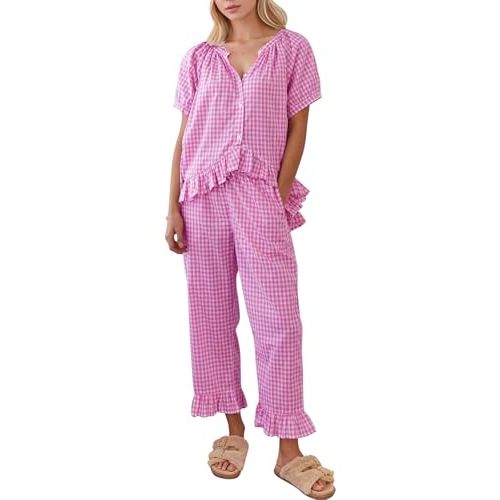 COZYPOIN 100% Cotton Pajamas for Women Set Cute Gingham Lounge Set | 2 Piece Plaid PJs Sets, Button Down, Short Puff Sleeve, Babydoll Top, Ruffle Pants, Maternity Bridesmaid Loungewear Sleepwear