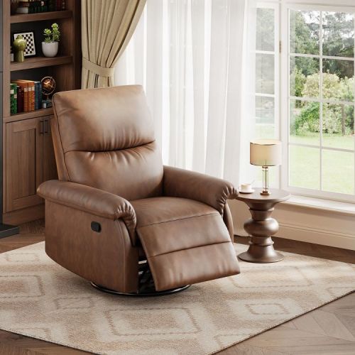 Swivel Rocking Nursery Recliner Chair - Deep Seat Rocker Glider, PU Leather Sofa, High Backrest, for Nursery Living Room Bedroom, Home Movie Theater