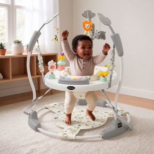 Kinder King Baby Activity Center Jumper, 360° Rotating Seat, 3-Level Adjustable Height, Interactive Toys, Removable Foot Mat, Gray