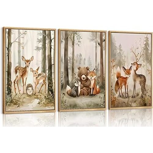 3Pcs Woodland Animal Nursery Canvas wall art Wild Animals Forest Paintings Pictures Wall Decor Fox Bear Deer Watercolor Poster Printing Artwork for Boys Room Girls Room Home Decoration 12x16 Unframed