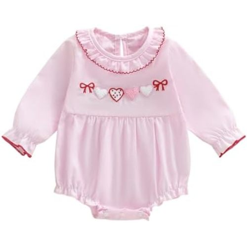 Baby Girl Valentines Outfit Newborn Heart Bowknot Bubble Romper Infant Long Sleeve Onesie Top Spring Cute Clothes