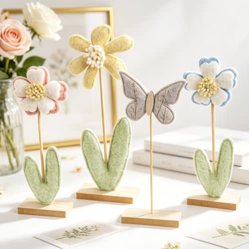 SUNBEAUTY Flower Centerpieces for Tables Felt Flower Butterfly Tabletop Decor with Wooden Base Boho Nursery Baby Girl Shelf Decor
