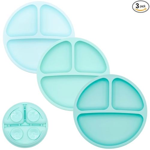 WeeSprout Suction Plates for Babies & Toddlers - 100% Silicone, Dinnerware Stays Put, Divided Design for Picky Eaters, Microwave & Dishwasher Friendly, 3 Pack