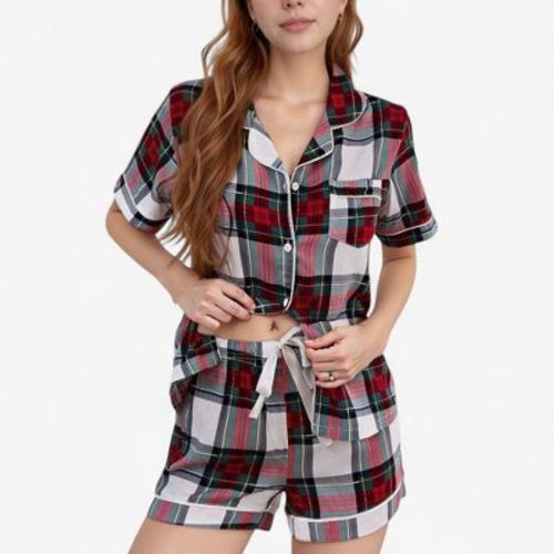Anna-Kaci Lounge Women's Plaid Button-Down Pajama Set with Short Sleeve Top and Drawstring Shorts