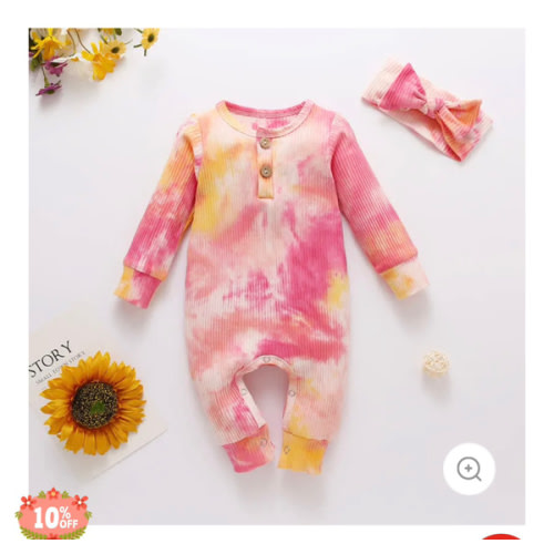 Baby Tie Dye Newborn Romper with Headband pink and yellow multi