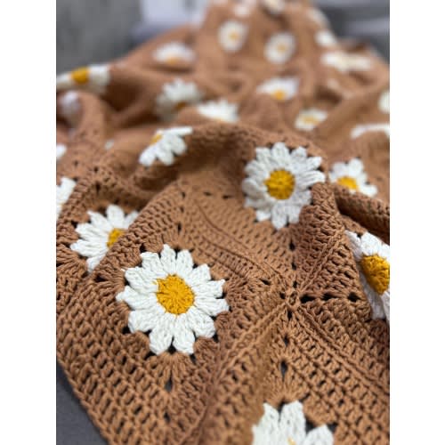 Luxury Cinnamon Daisy Crochet Blanket, Heirloom Cotton Baby Blanket, Handmade Floral Granny Square Throw, Custom Size Nursery & Home Decor