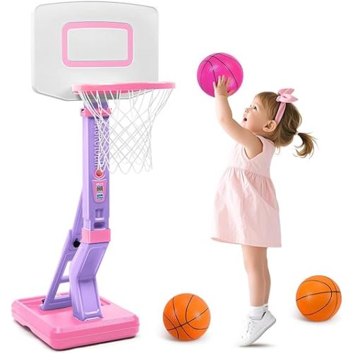 SUPER JOY Toddler Pink Basketball Hoop for Kids 1-3,2-4 5 Years Old, Adjustable Mini Hoop Set for Indoor Outdoor Play, Portable Basketball Goal Sports Toys for Little Boys Girls Birthday Gifts