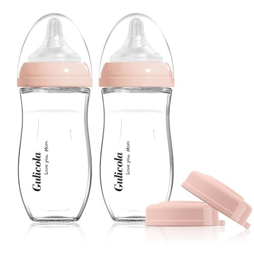 Natural Glass Baby Bottle for Breastfed Babies, Anti-Colic Baby Bottle Set with Medium Flow Nipple, 3 Months +, 8 oz, 2 Pack - Pink