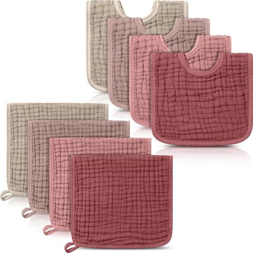 Tallew 8 Pack Muslin Burp Cloths and Baby Bibs for Boy Girl 20" x 10" Cotton Baby Bandana Drool Bibs Muslin Burp Cloths Absorbent Rag for Newborn Toddler Infant Gifts(Dark Pink)