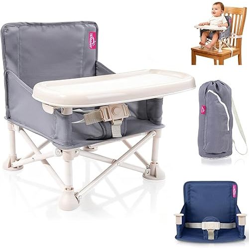 YEFAJUMP Portable Baby Chair, Baby Beach Chair with 2-Pack Interchangeable Seat Covers, Portable Booster Seat with Tray & Travel Bag, Compact Foldable, Easy-Swap Colors, Perfect for Travel