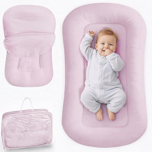 Infant Support Cushion - Baby Lounger for Newborn, 0-24 Months, Breathable Cotton Fabric Infant Support Cushion, Portable Newborn Essentials for Home and Travel, Purple (Cover Included)