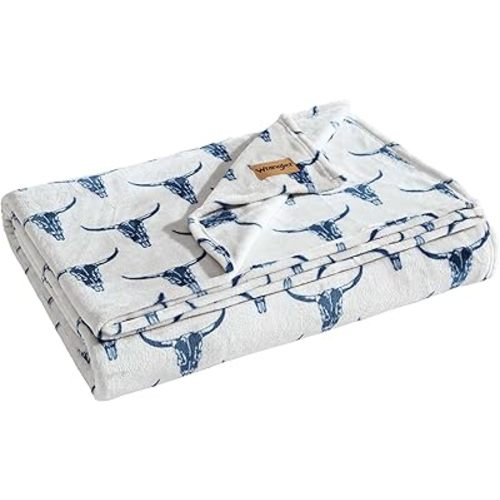Wrangler - Blanket, Ultra Soft Plush Fleece Bedding, Yellowstone Inspired, Cozy Home Decor for Bed or Couch (Steer Head Blue, Twin)