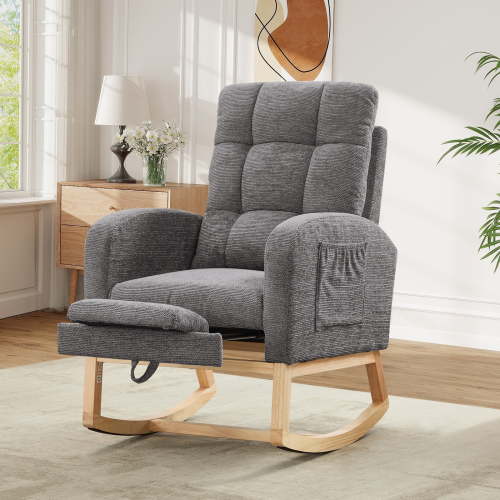 FFH Rocking Chair Nursery, Tufted Accent Rocker Chair, Upholstered Armchair with Adjustable Footrest, Side Pocket, High Backrest, Padded Seat, Polyester Blend (Retro, Dark Gray)