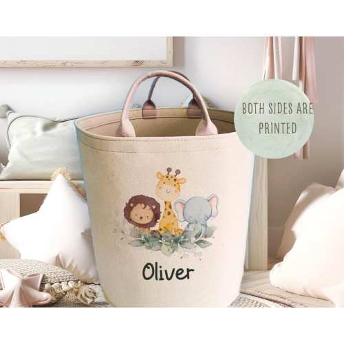 Personalized Jungle Print Toy Basket: Large Beige Felt Storage Bin organiser