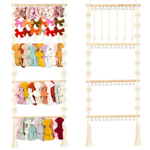 Headband Holder - Bow Holder for Baby Girl  Macrame Bow Organizer for Baby Girl w/ 48 Metal Hooks, 6 Slings & Wooden Bead  Space Saving Baby Bow Organizer  Ideal Baby Bow Holder for Expecting Moms