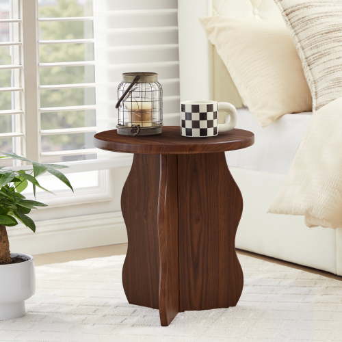 PHOYAL Round Small End Tables for Living Room with Wave Base, Side Table for Bedroom Small Space, Walnut