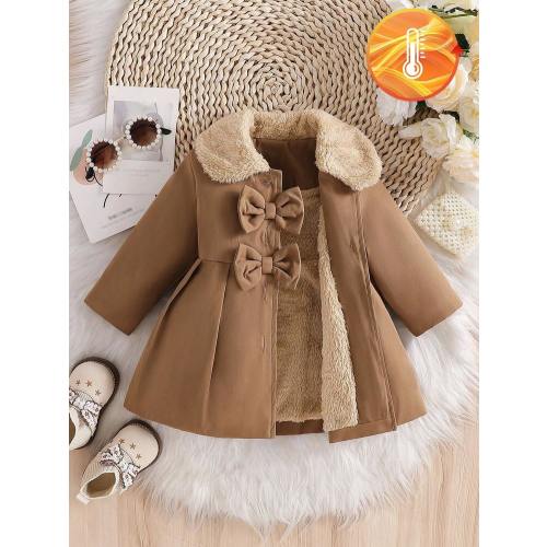 SHEIN Baby Girls' Faux Fur Collar Bow Decor Trench Coat, Autumn/Winter | SHEIN USA