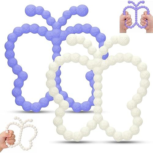 2 Pcs Baby Teething Toys Silicone Butterfly Teething Rings Over 3 Months - Baby Essentials Sensory Chew Toys -Baby Teether for Teething Relief -BPA Free Infant Toys Baby Shower Gifts (2, White,Purple)