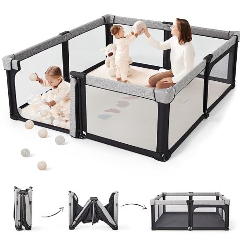 Baby Playpen, 59x59 Inch Gate Foldable for Babies and Toddlers, Extra Large with Door Play Yard for Fence Indoor and Outdoor, Light Khaki