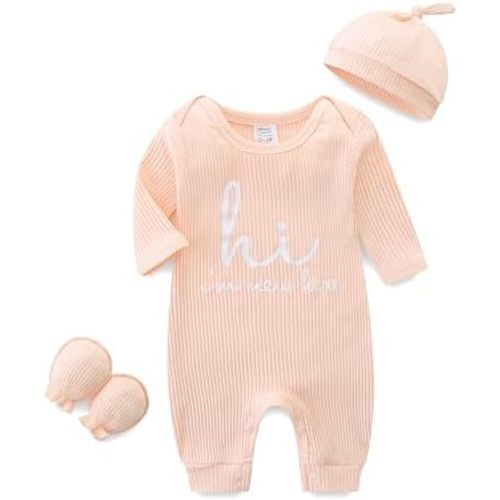 Unisex Baby Clothes Newborn Onesie Long Sleeve Ribbed Romper with Hat and Gloves Infant Letter Print Jumpsuit