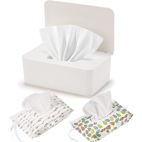 Wipe Dispenser White,Reusable Flushable Wipe Holder Set with 2Pcs Refillable Portable Wipe Bag for Baby Adult Bathroom,Wipe Container with Lids Keeps Wipes Fresh,Baby Shower New Mom Gifts