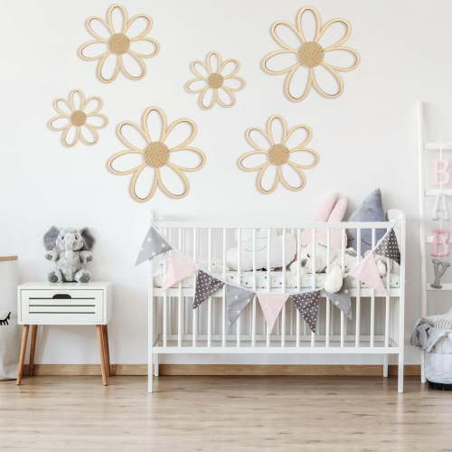 6 Pcs Daisy Wall Decor Wooden Daisy Wall Art Flowers Wall Signs Hanging Plaque for Home Nursery Bedroom Farmhouse Bathroom Decorations Housewarming Gifts(Wood Color) Ornaments Hangable