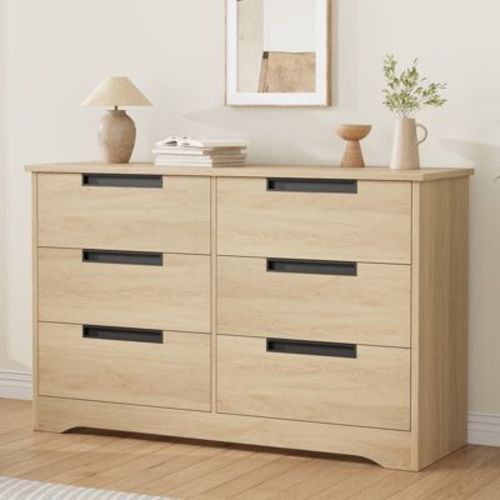 6 Drawer Dresser for Bedroom, Natural Modern Double Dresser Organizer with Embedded Handles Design, Wooden Chest for Living Room Nursery Hallway